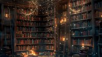 Magical library interior with glowing string lights and floating luminous particles creating enchanted atmosphere among tall wooden bookshelves perfect for fantasy or educational concepts.