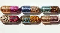 Colorful transparent capsules filled with glitter, beads and decorative elements on white background. Medical supplement concept for pharmacy design.