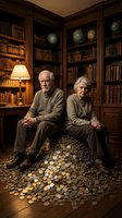 Senior couple sitting in library surrounded by scattered coins, representing wealth, savings, and financial planning for retirement and legacy building.