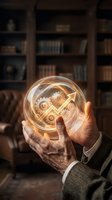 Businessman holding glowing crystal sphere with golden gears inside, symbolizing innovation, strategy, and business solutions in professional environment.