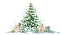 Festive watercolor Christmas tree decorated with colorful ornaments and surrounded by wrapped gift boxes, creating a holiday celebration scene.