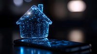 Glowing blue holographic house projection above smartphone screen with digital particles and bokeh background creates futuristic smart home concept.