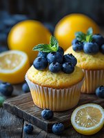 Fresh lemon muffins topped with ripe blueberries and mint leaves on rustic wooden board, with whole lemons and scattered berries, moody food photography.