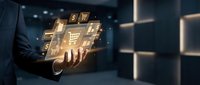 Businessman in dark suit touching glowing digital shopping cart interface with golden icons representing modern e-commerce and online retail technology.
