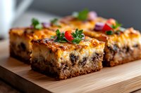Homemade cheesecake brownie squares garnished with fresh parsley and cherry tomatoes on wooden board, close up view of layered dessert with chocolate base.