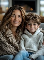 Caucasian mother and young son wearing cozy knit sweaters share genuine smiles while bonding at home. Natural lighting creates warm, intimate atmosphere.