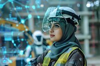 Female engineer wearing safety helmet with digital holographic interface overlay, yellow safety vest, and hijab in industrial facility with robotic automation technology and data visualization elements.