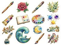 Watercolor painting supplies and artistic elements including brushes, palette, rose, ink bottle, open sketchbook, paint splashes, botanical leaves, wave illustration, moon design, ornamental flourish, and bird with flowers on isolated white background for design projects.