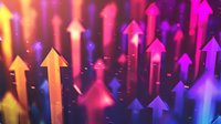 Vibrant glowing arrows pointing upward against dark background with colorful pink, purple, and orange gradient lighting effects create dynamic business growth concept.