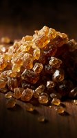Pile of golden and amber rock sugar crystals with varying sizes scattered on dark wooden surface, suitable for culinary, food styling, and ingredient photography.