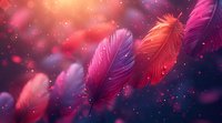 Magical floating feathers in pink and purple hues against dark background with glowing bokeh lights and sparkles creating dreamy atmospheric scene.