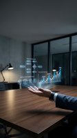Businessman hand displaying holographic data analytics charts and graphs in modern office workspace for digital transformation and business intelligence.