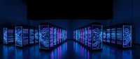 Modern data center server room with glowing blue and purple neon lights creating futuristic technology atmosphere for digital infrastructure concepts.