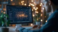 Professional data analyst working at night on laptop with glowing network visualization graph and bokeh lights in background, focused on digital analytics.