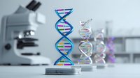 Colorful DNA helix models in laboratory setting with microscope in background, representing genetic research and molecular biology.