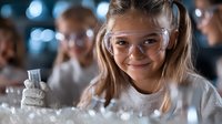Young Caucasian girl in safety glasses holds test tube during science class experiment, with bokeh lights and classmates in background, showing interest in chemistry.