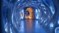 Futuristic illuminated tunnel with glowing blue organic patterns and golden light at end creates mysterious sci-fi atmosphere for technology and innovation concepts.