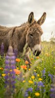 Brown donkey grazing in wildflower meadow with purple lupines and orange poppies, suitable for nature, agriculture, and animal-themed projects.