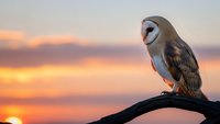 Barn owl perched on branch against dramatic sunset sky with golden and pink clouds. Wildlife photography capturing nocturnal bird of prey in natural habitat.