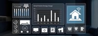 Smart home automation control panel displaying energy usage charts and wireless connectivity icons for modern residential technology management.