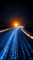 Abstract digital highway with glowing blue light trails and orange sun on dark background, representing speed, technology and future transportation concept.