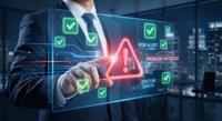 Businessman touching red warning alert icon on digital interface with green checkmarks for cybersecurity system monitoring and problem detection.
