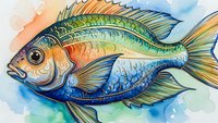 Colorful watercolor fish illustration with vibrant scales and fins on artistic background for marine life designs and aquatic themed projects.
