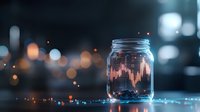 Glass jar containing glowing stock market chart graph with bokeh lights background, financial investment concept for business analysis and trading.