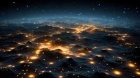Aerial night cityscape with glowing lights through dramatic clouds creating abstract pattern of illuminated urban landscape against starry sky background.