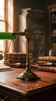 Antique brass scales of justice on a wooden desk surrounded by law books in a classic attorney office setting.