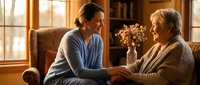 Young female caregiver holding hands with elderly woman in cozy living room. Healthcare professional providing comfort and support to senior patient at home.