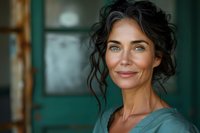 Confident mature woman with natural makeup and curly dark hair smiling warmly at camera. Green background creates serene atmosphere. Professional headshot style portrait.