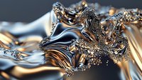 Abstract liquid metal waves with golden bronze textures and sparkling particles creating dynamic flowing forms for luxury design backgrounds.