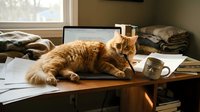 Orange tabby cat lying on messy desk with laptop and papers in warm sunlit home office workspace for remote work and pet companionship concepts.