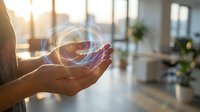 Businesswoman holding glowing digital sphere with network connections in modern office environment, representing technology innovation and global business solutions.