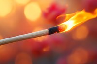 Burning match with bright flame against blurred warm bokeh background in orange and red tones, macro photography showing ignition moment.