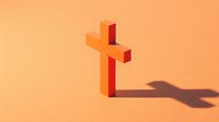 Red cross casting shadow on orange background, minimalist religious symbol with dramatic lighting effect and negative space for spiritual concepts.