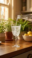 Sparkling water pouring from bottle into elegant glass on wooden kitchen counter with potted plants and fresh lemons, bright natural light from window.