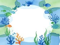 Watercolor underwater ocean frame with tropical fish, coral reef and seaweed creating circular border on white background for marine themed designs.
