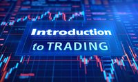 Financial market trading concept with candlestick chart and glowing text on blue digital display showing stock price movements and market analysis data.
