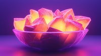 Glowing geometric crystals in translucent bowl emit warm orange and pink light against purple background, creating mystical atmospheric scene.