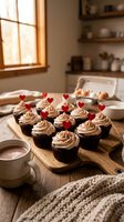 Chocolate cupcakes with heart toppers on wooden board in cozy kitchen setting for Valentine's Day celebration and romantic baking projects.