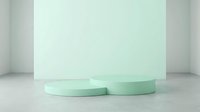 Minimalist mint green podium display with two cylindrical platforms in a soft pastel studio setting for product showcase presentation.