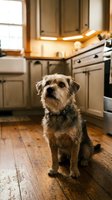Terrier mix dog sitting on wooden floor in modern kitchen with warm lighting, cabinets and appliances visible in background. Pet portrait for home decor and lifestyle content.