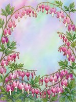 Watercolor bleeding heart flowers forming an arch frame on a soft pastel background, with copy space for text or greeting cards.