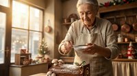 Senior Caucasian man decorating chocolate Christmas cake in festive kitchen with holiday decorations and warm sunlight streaming through window.