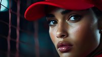 Close-up portrait of a young woman with dark skin tone wearing a red cap, featuring striking blue eyes and bold makeup against a moody, dark background with red lighting.