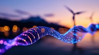 Glowing blue spiral light trail against sunset sky with wind turbines and city bokeh lights creating magical evening atmosphere. Artistic long exposure photography.