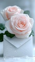 Delicate pink roses with water drops resting on white envelope create romantic composition against soft background, suitable for wedding invitations and love messages.
