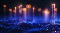 Glowing blue abstract landscape with light trails rising upward against starry night sky, magical bokeh effect creates dreamy atmosphere. Digital art for fantasy designs.